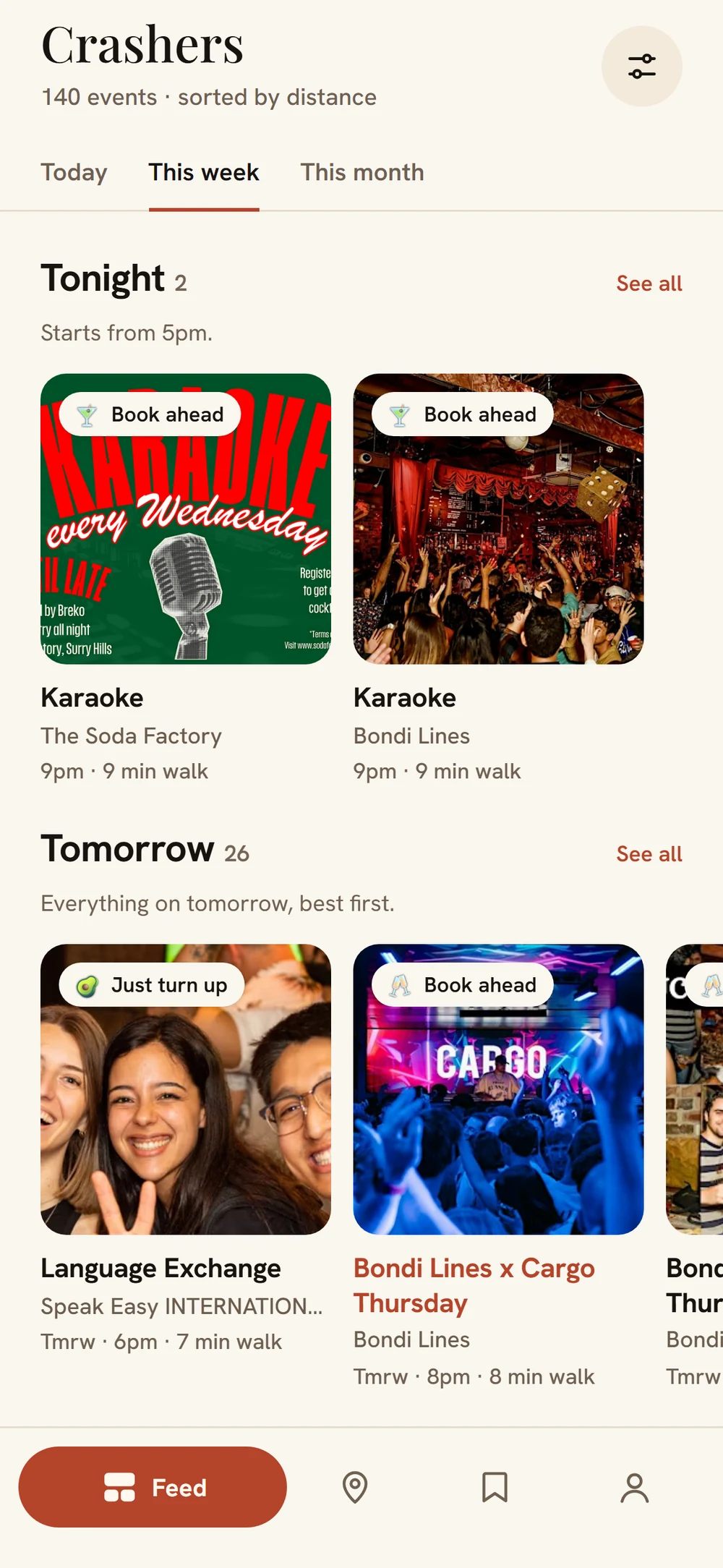 Feed of free events grouped into shelves