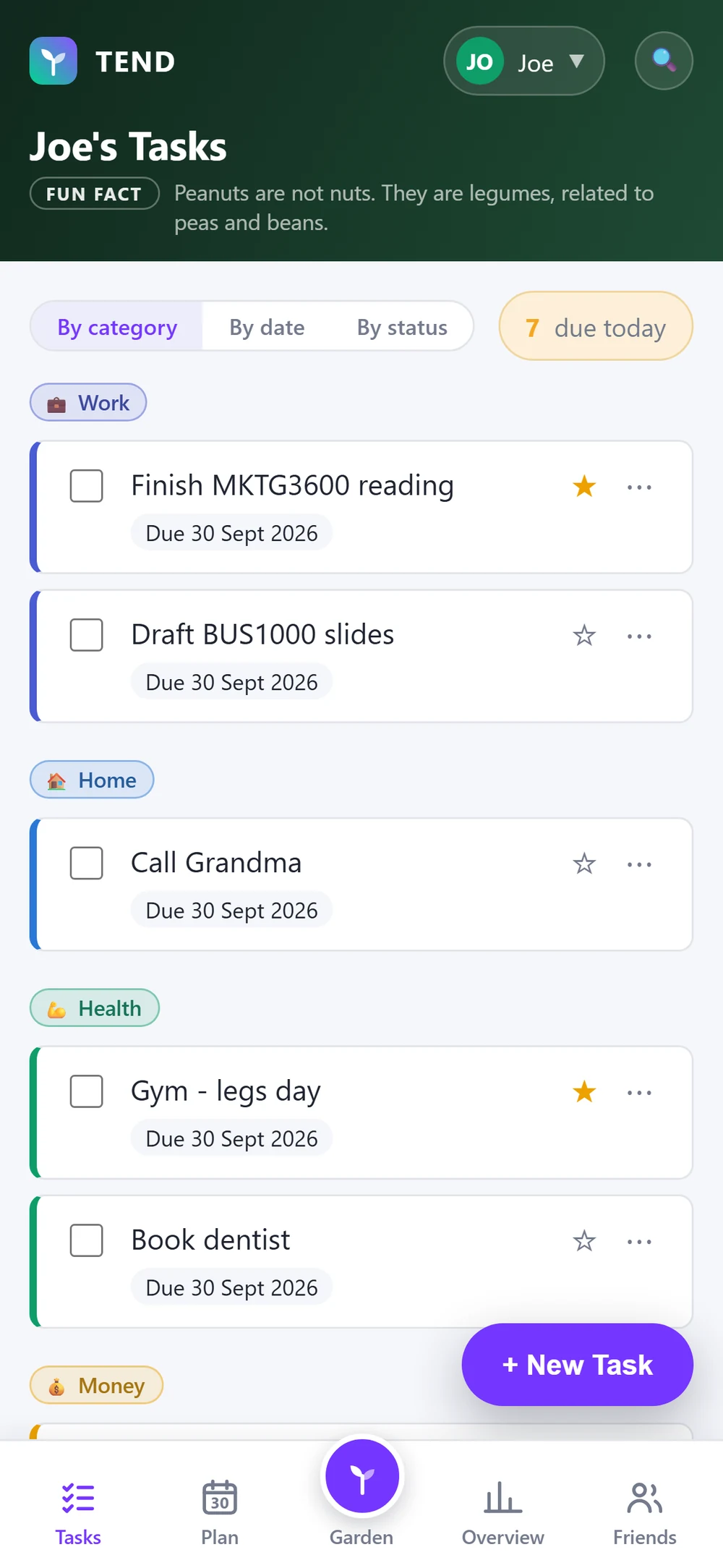 Tend task list grouped by category