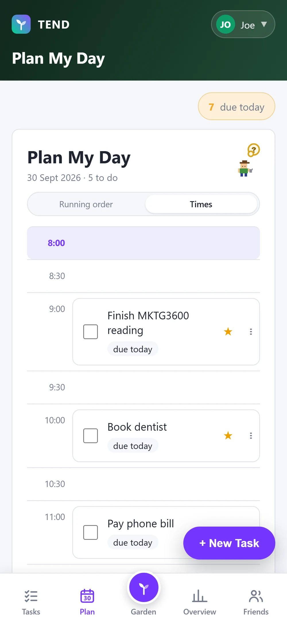 Plan My Day with tasks placed at times through the morning