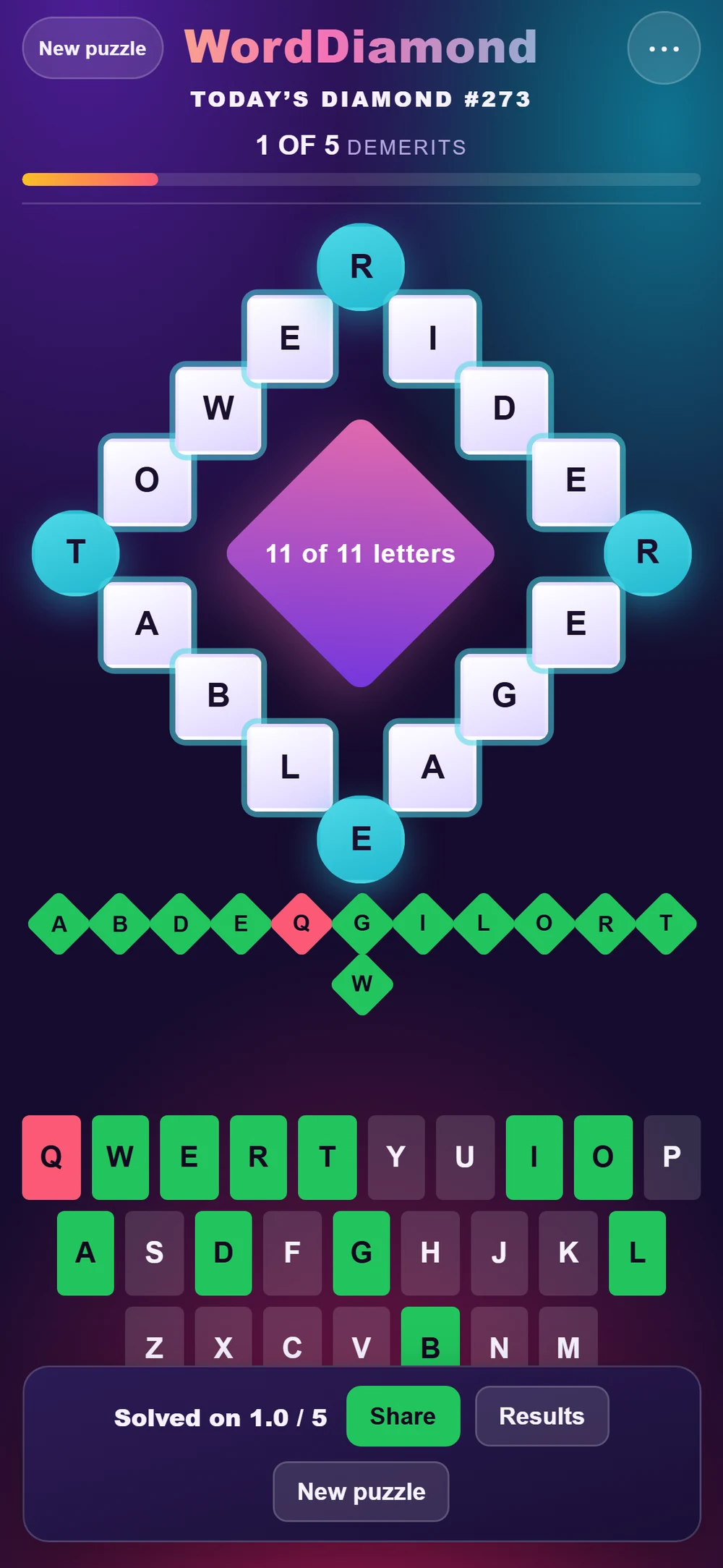 A solved WordDiamond puzzle